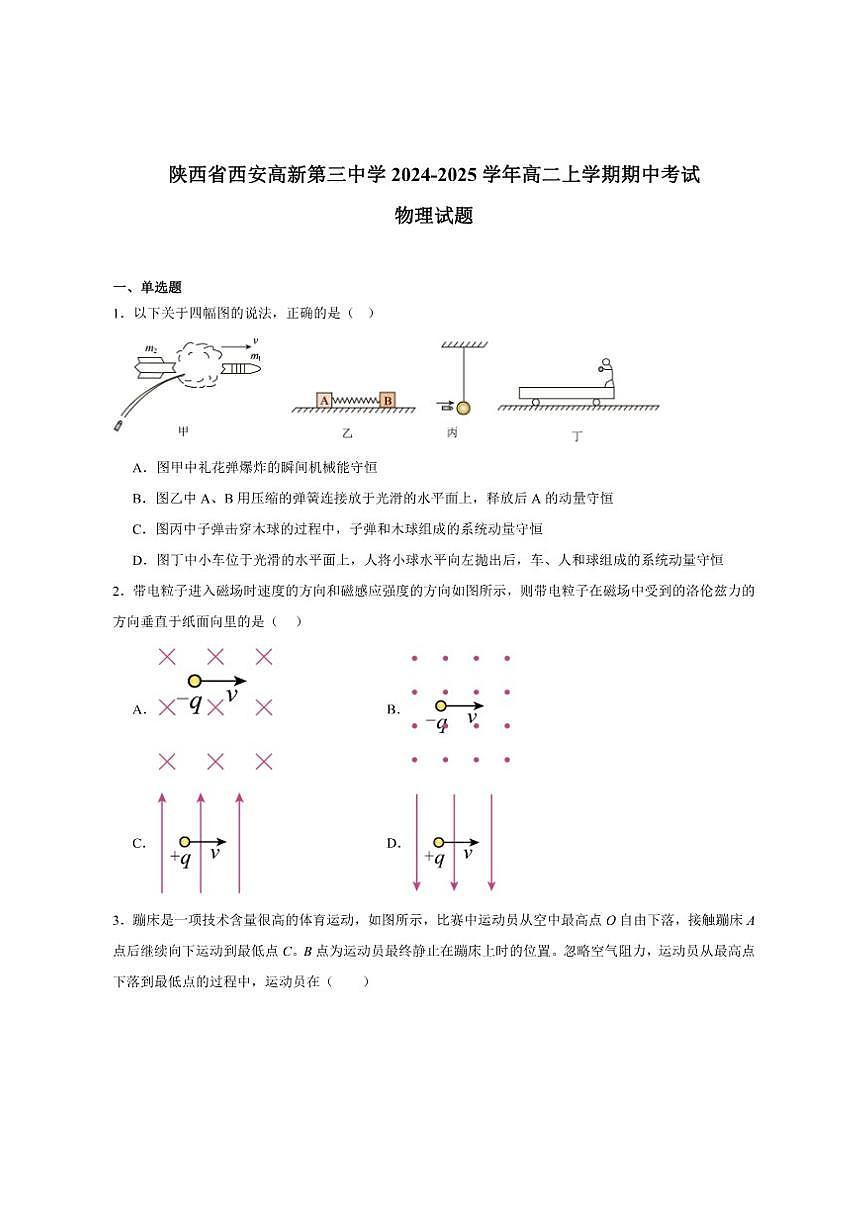 2024-2025学年陕西省西安高新第三中学高二上学期期中考试物理试卷（有答案）第1页