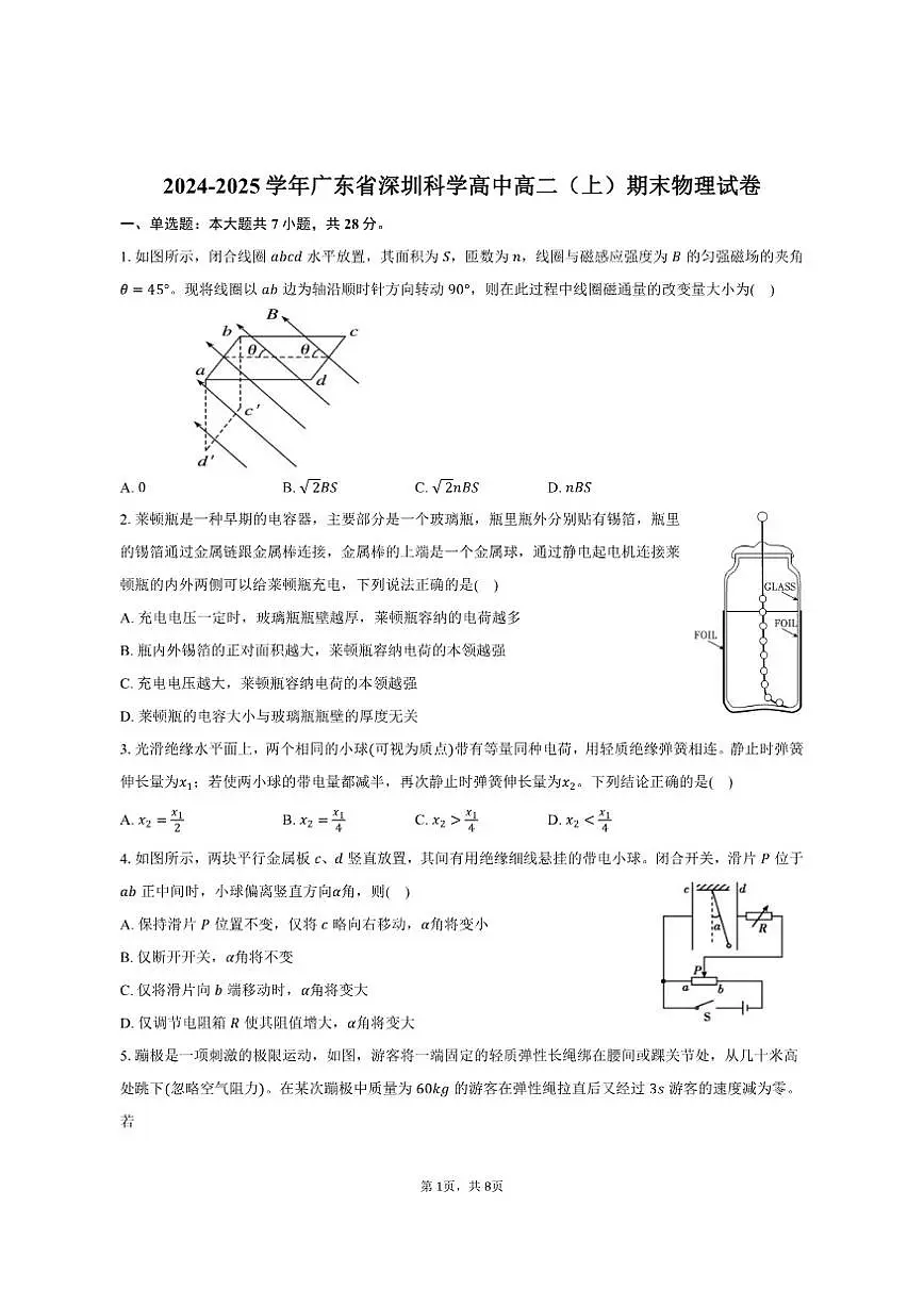 2024-2025学年广东省深圳科学高中高二（上）期末物理试卷（有答案）第1页