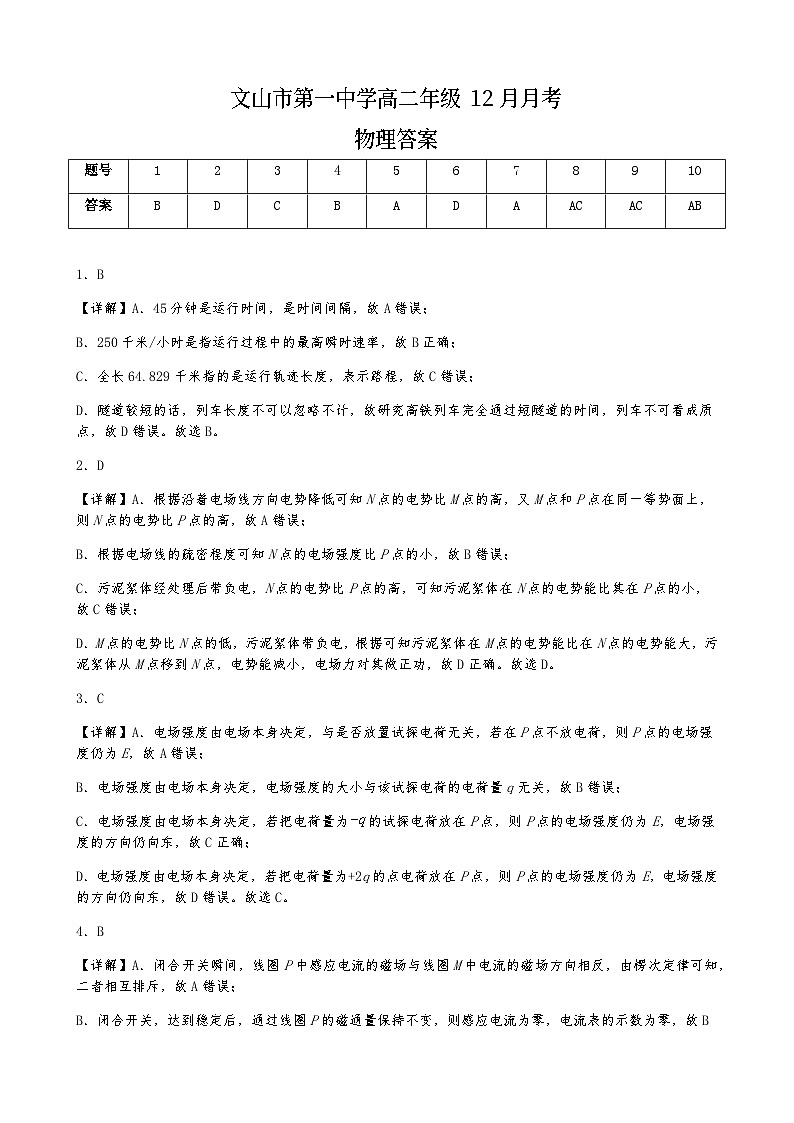 高二年级12月月考物理试卷答案第1页
