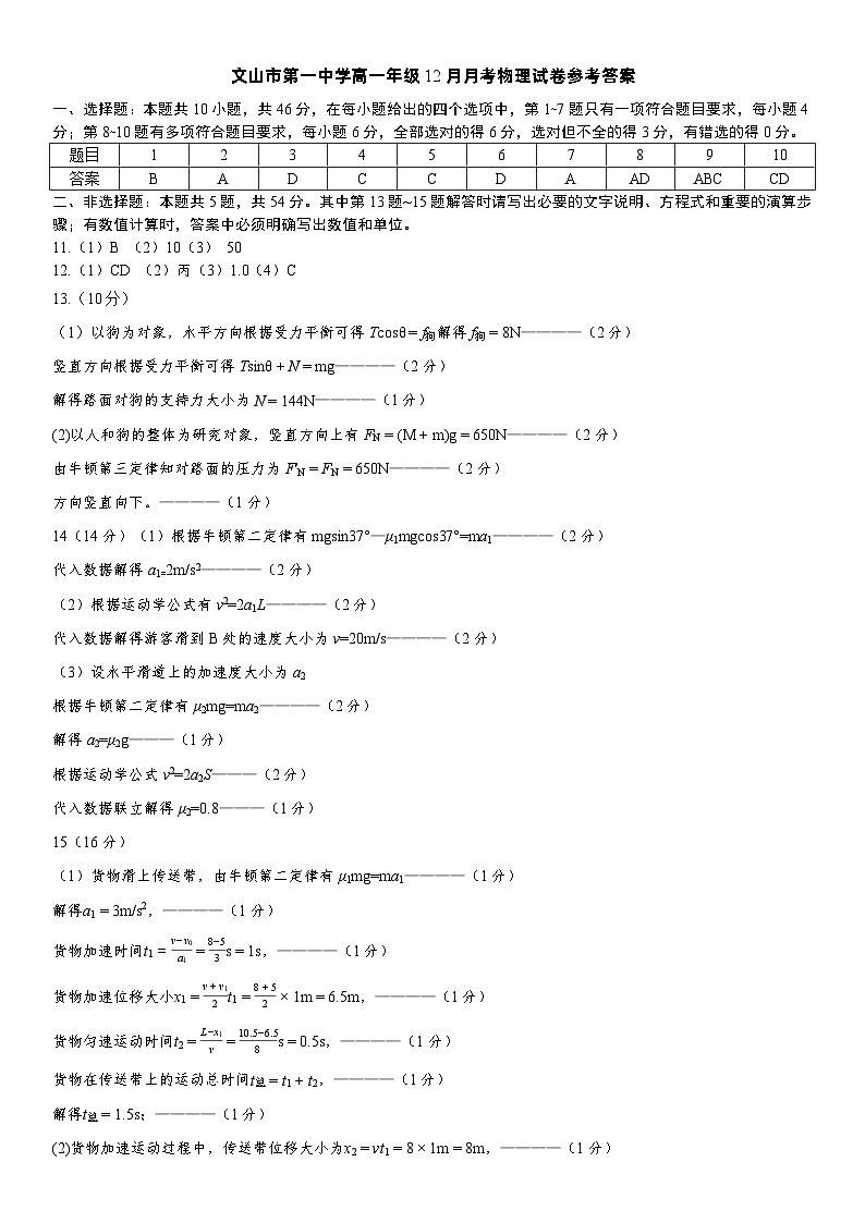 2028届高一12月月考物理-参考答案第1页