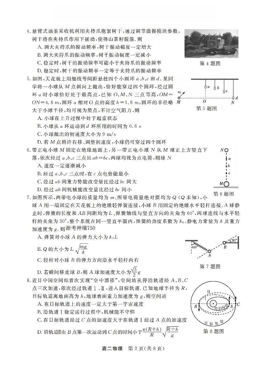 浙江省强基联盟2025-2026学年高二上学期12月联考物理试卷（含答案）第2页