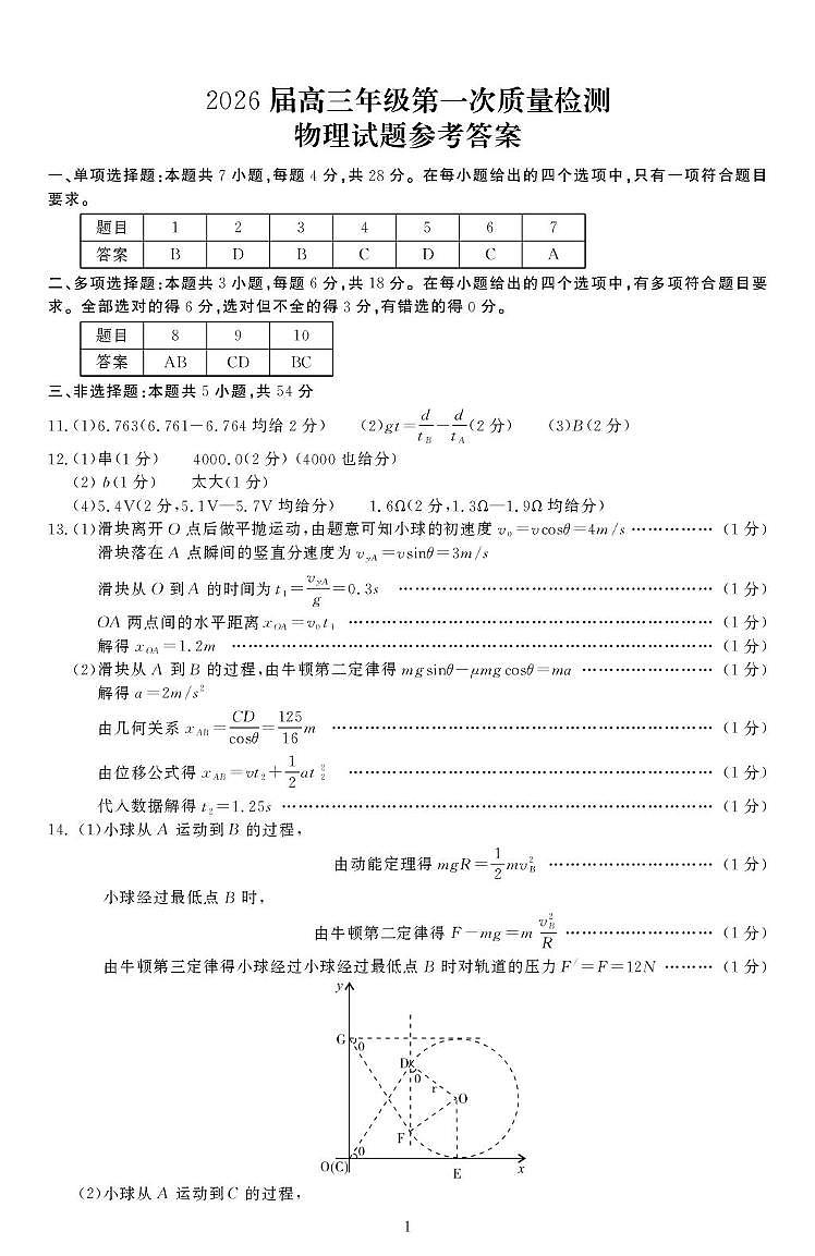 2026届河南开封高三上学期第一次质检物理答案第1页