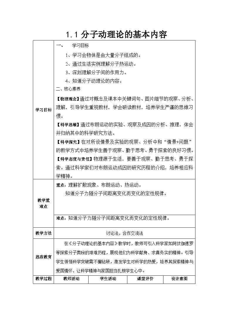 人教版（2019）高中物理选择性必修第三册 1.1 分子动理论的基本内容 教案第1页