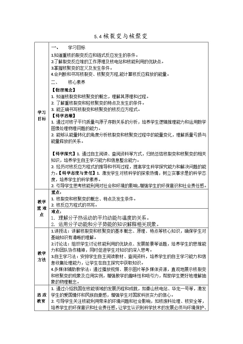 人教版（2019）高中物理选择性必修第三册 5.4 核裂变与核聚变 教案 (2)第1页