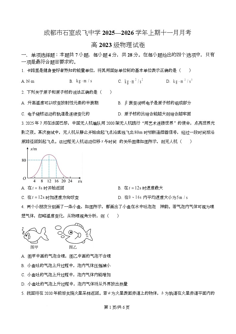 四川省成都市石室成飞中学2026届高三上学期11月月考物理试卷（原卷版）第1页
