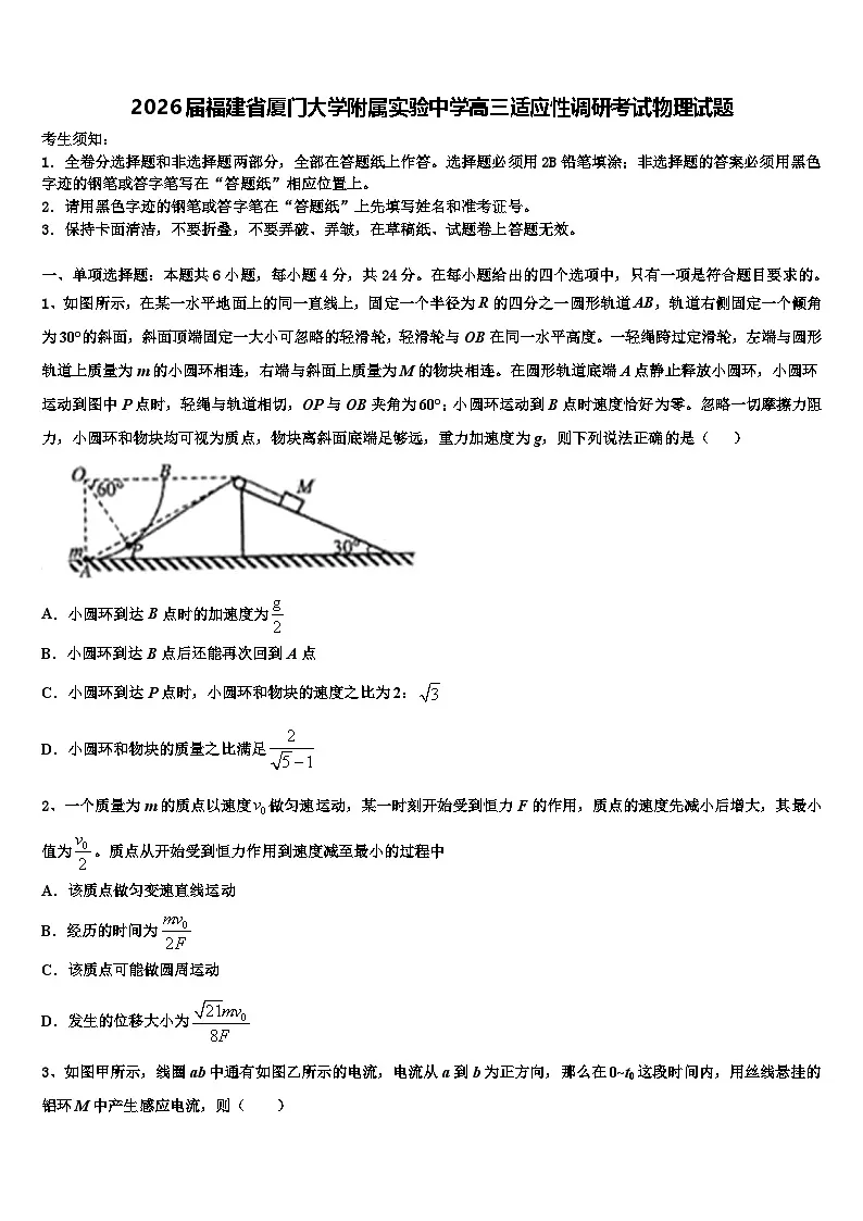 2026届福建省厦门大学附属实验中学高三适应性调研考试物理试题含解析第1页