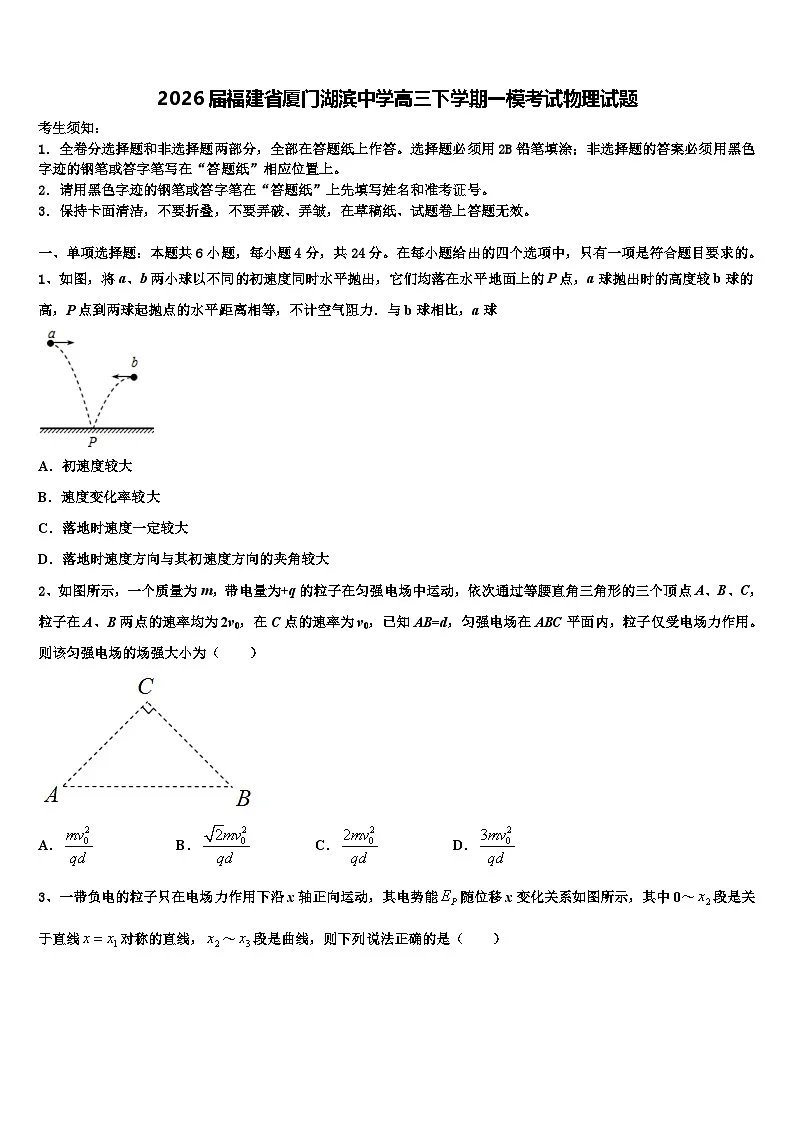 2026届福建省厦门湖滨中学高三下学期一模考试物理试题含解析第1页