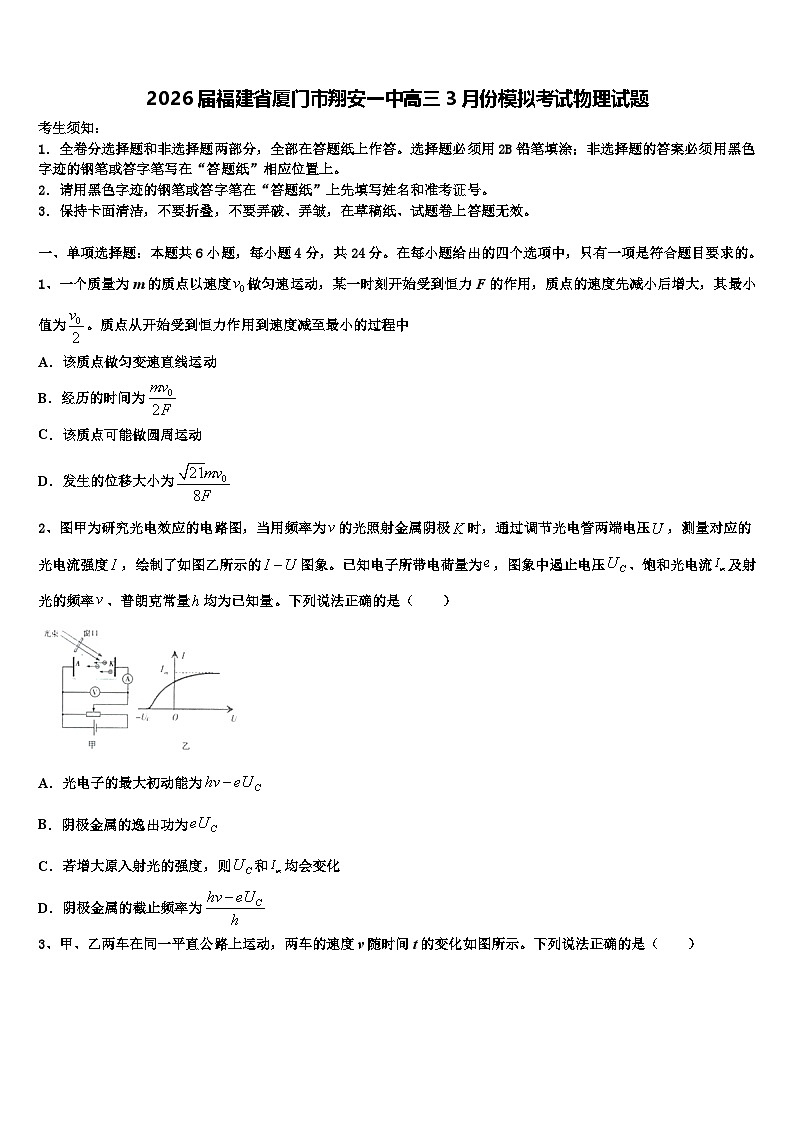 2026届福建省厦门市翔安一中高三3月份模拟考试物理试题含解析第1页