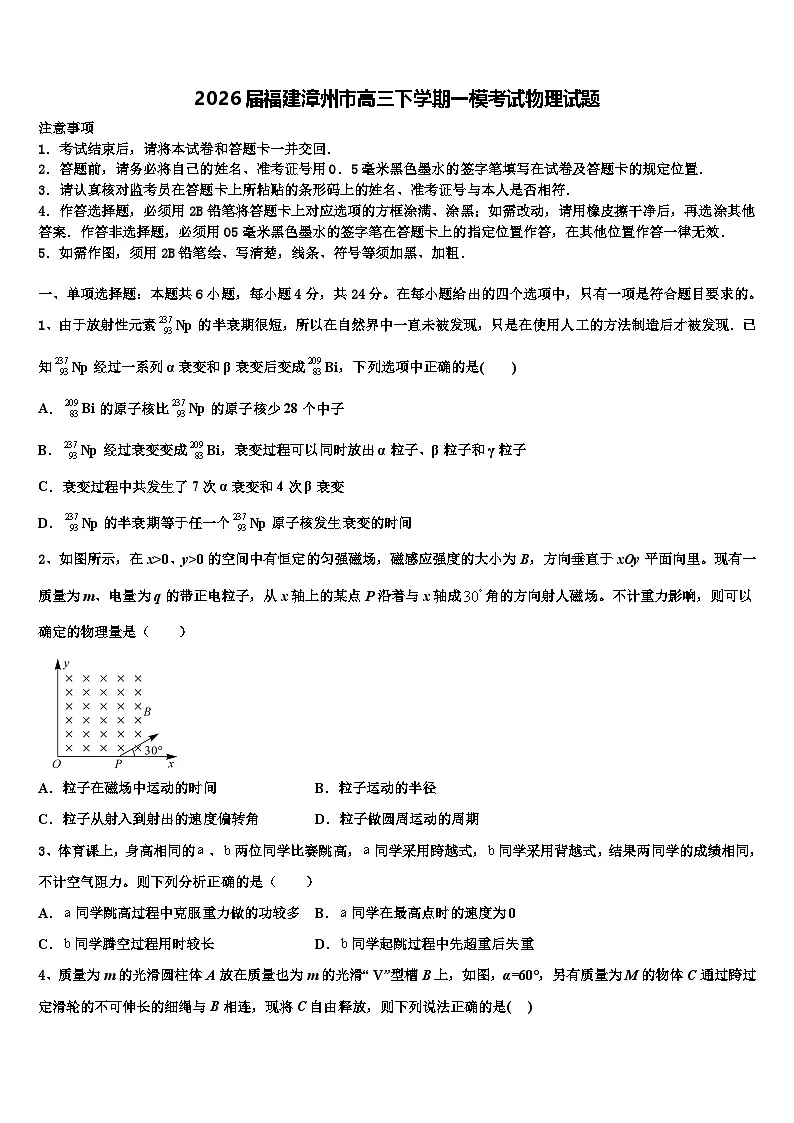 2026届福建漳州市高三下学期一模考试物理试题含解析第1页