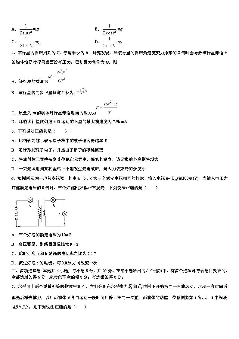 2026届甘肃省金昌市永昌县四中高三第二次联考物理试卷含解析第2页