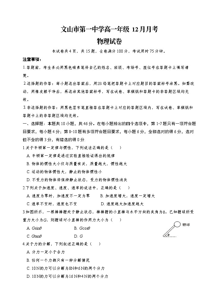 云南省文山壮族苗族自治州文山市第一中学2025-2026学年高一上学期12月月考物理试卷第1页