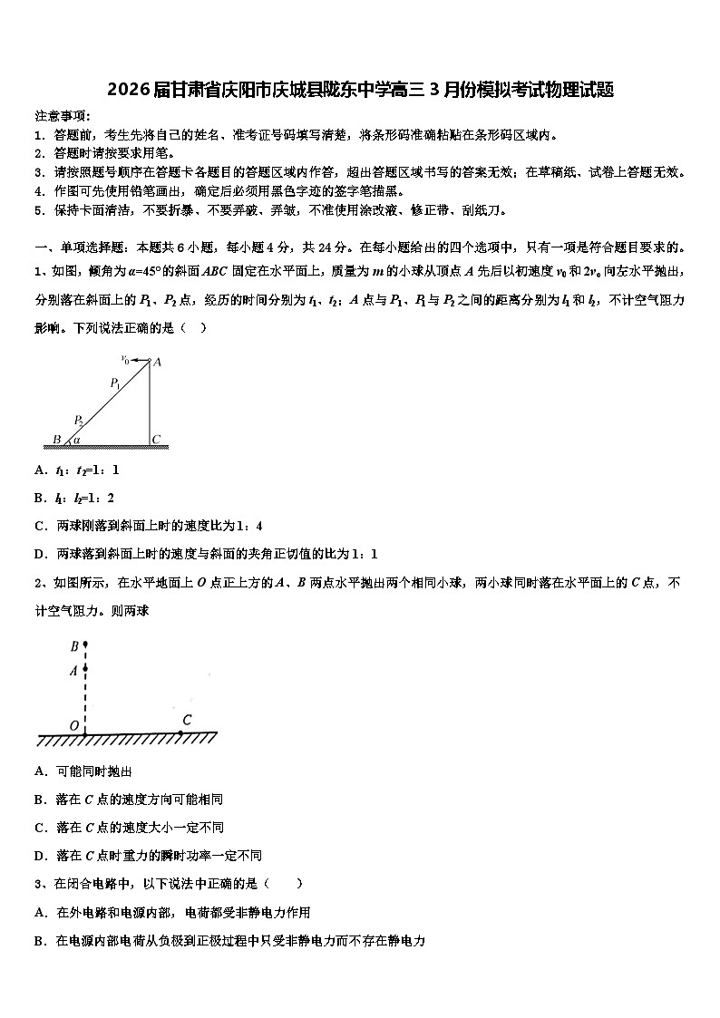 2026届甘肃省庆阳市庆城县陇东中学高三3月份模拟考试物理试题含解析第1页
