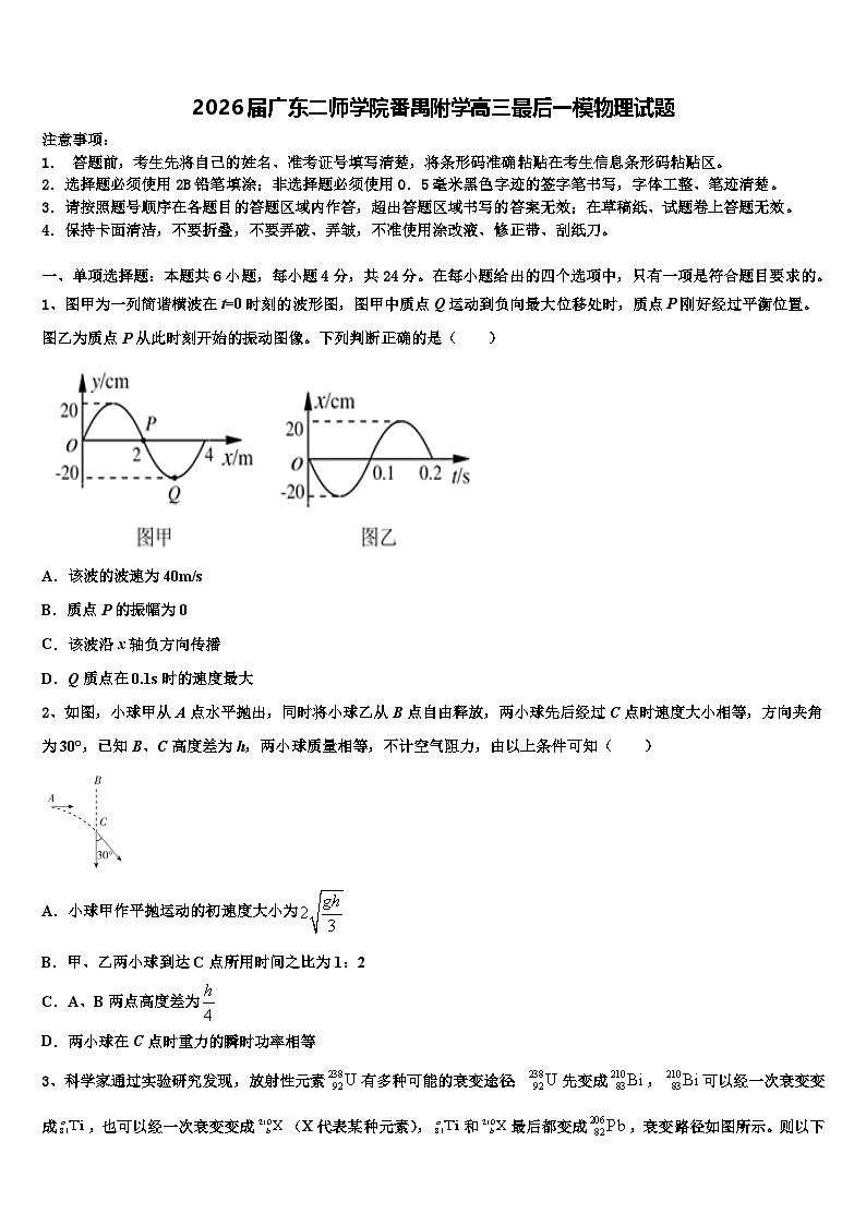 2026届广东二师学院番禺附学高三最后一模物理试题含解析第1页