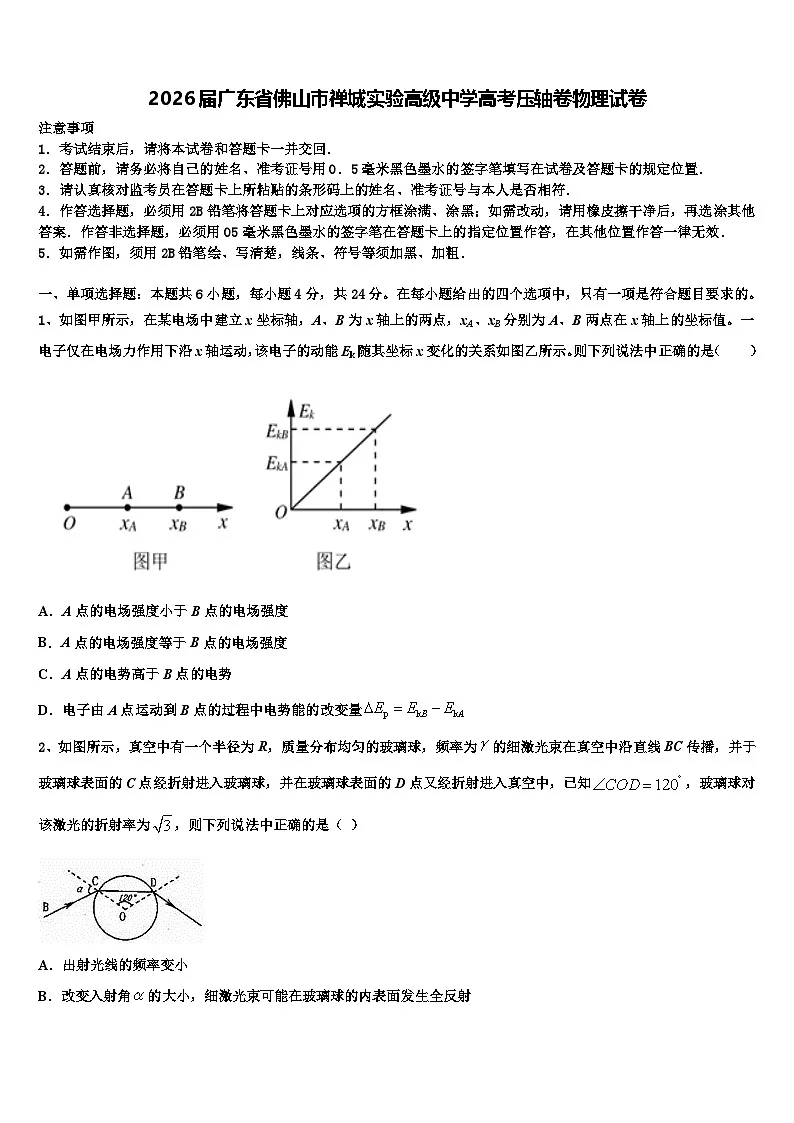 2026届广东省佛山市禅城实验高级中学高考压轴卷物理试卷含解析第1页