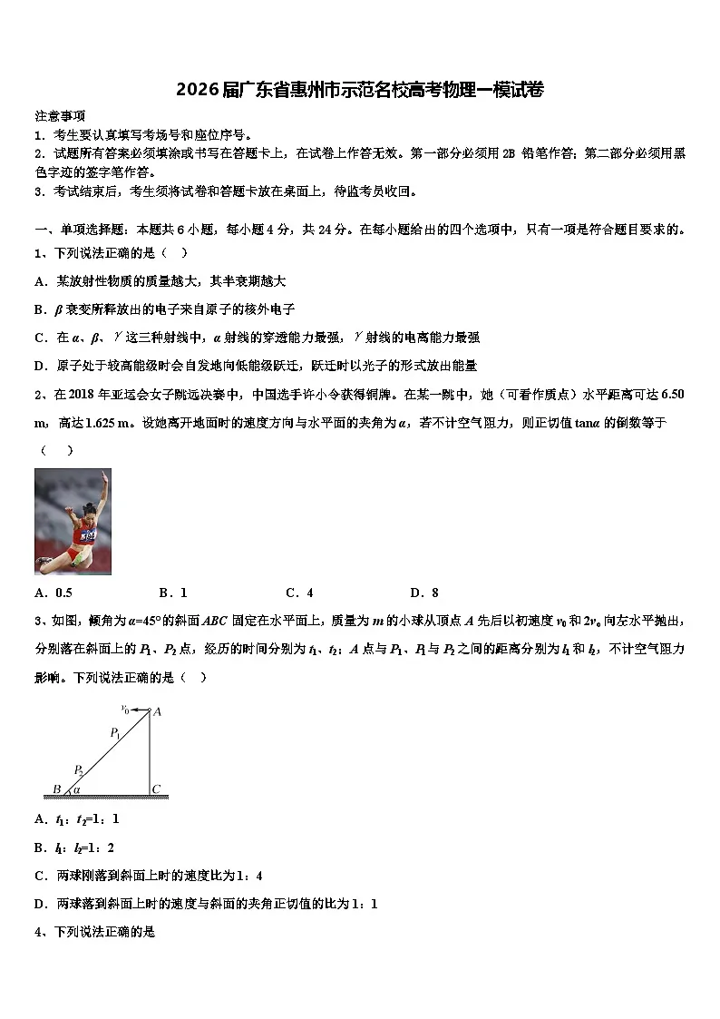 2026届广东省惠州市示范名校高考物理一模试卷含解析第1页