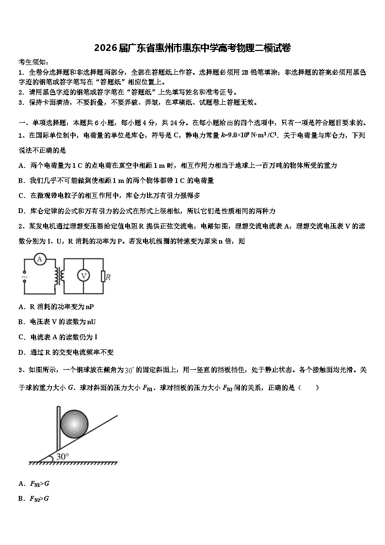 2026届广东省惠州市惠东中学高考物理二模试卷含解析第1页