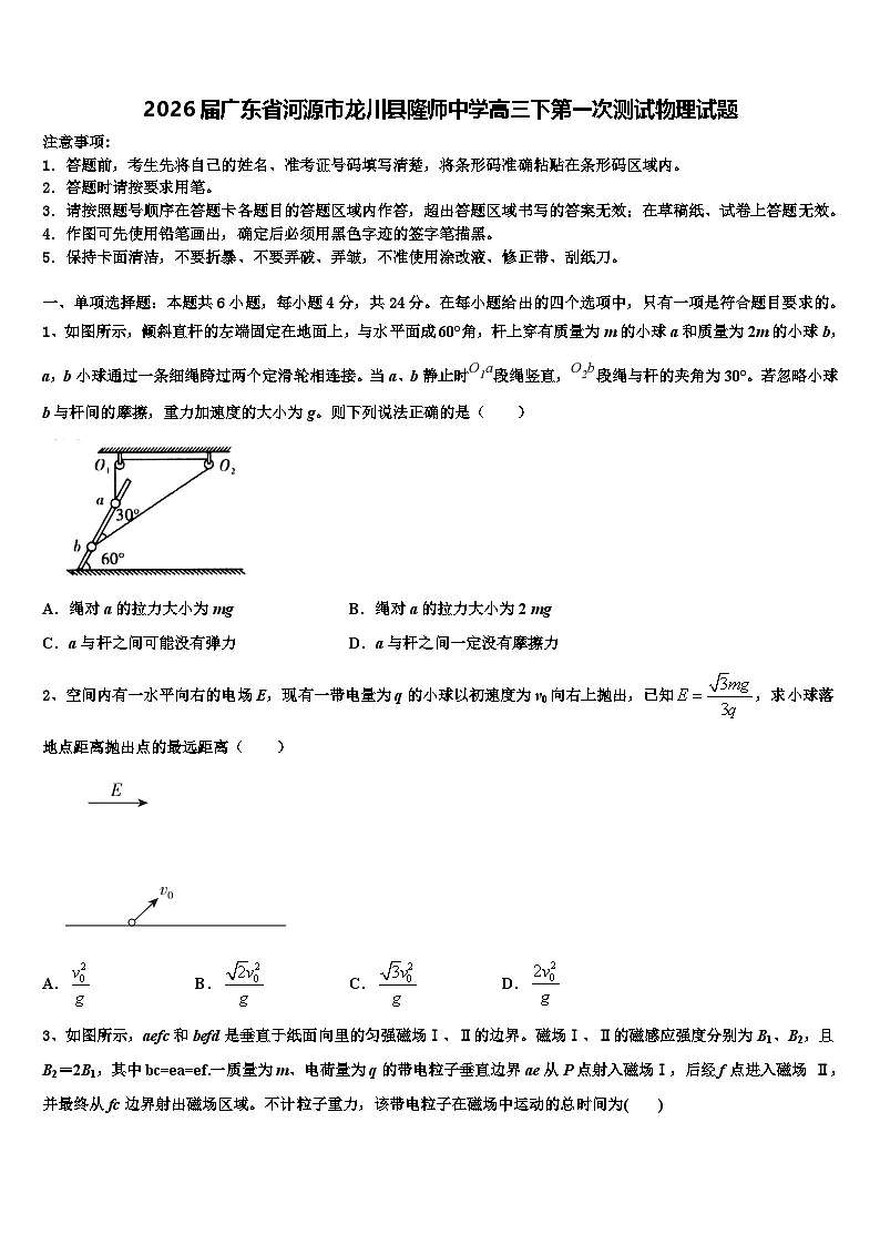 2026届广东省河源市龙川县隆师中学高三下第一次测试物理试题含解析第1页