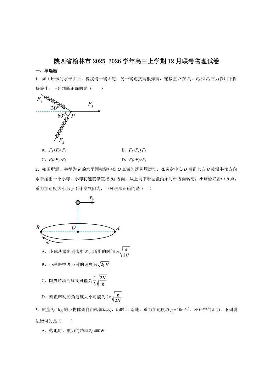 2026届陕西省榆林市高三上学期12月联考物理试卷（有解析）第1页