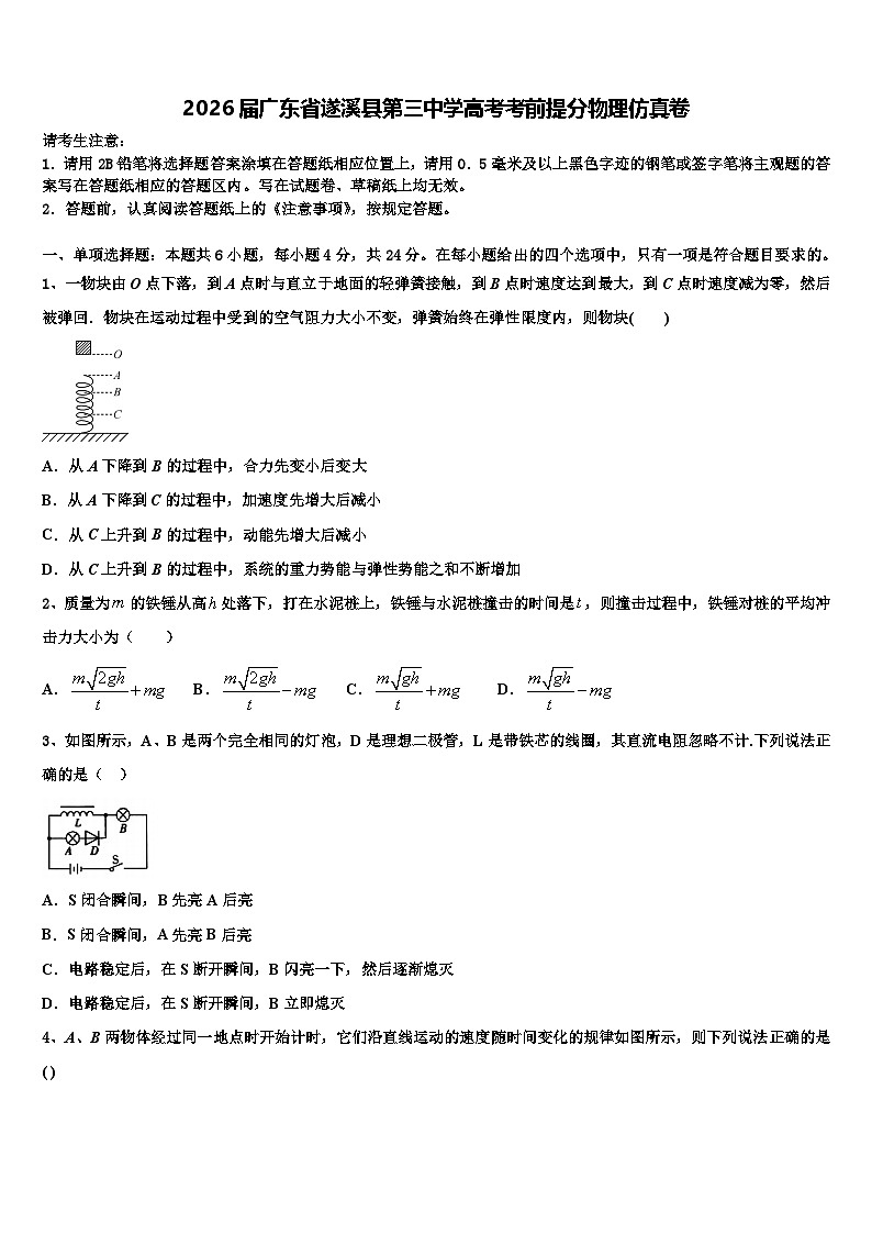 2026届广东省遂溪县第三中学高考考前提分物理仿真卷含解析第1页