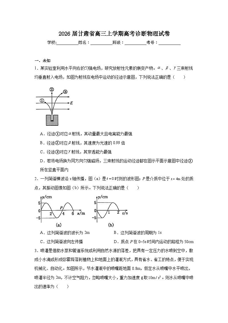 2025-2026学年甘肃省高三上学期高考诊断物理试卷（无答案）第1页