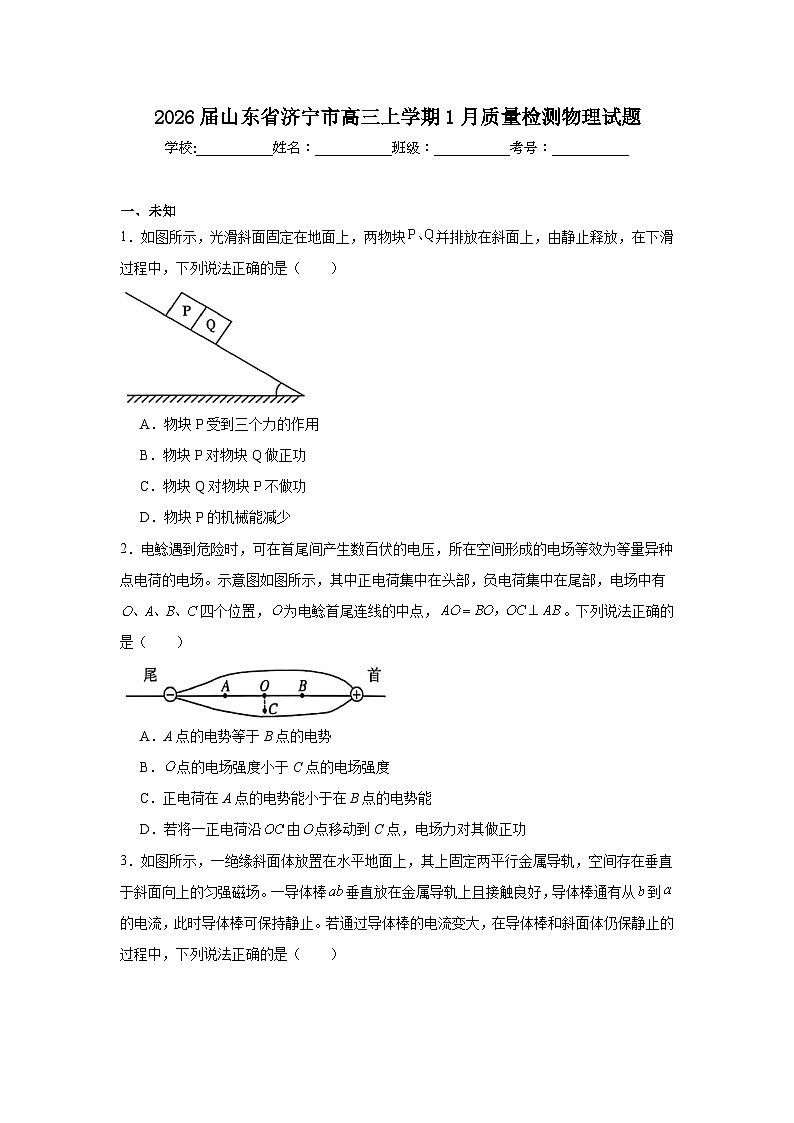 2025-2026学年山东省济宁市高三上学期1月质量检测物理试题（无答案）第1页
