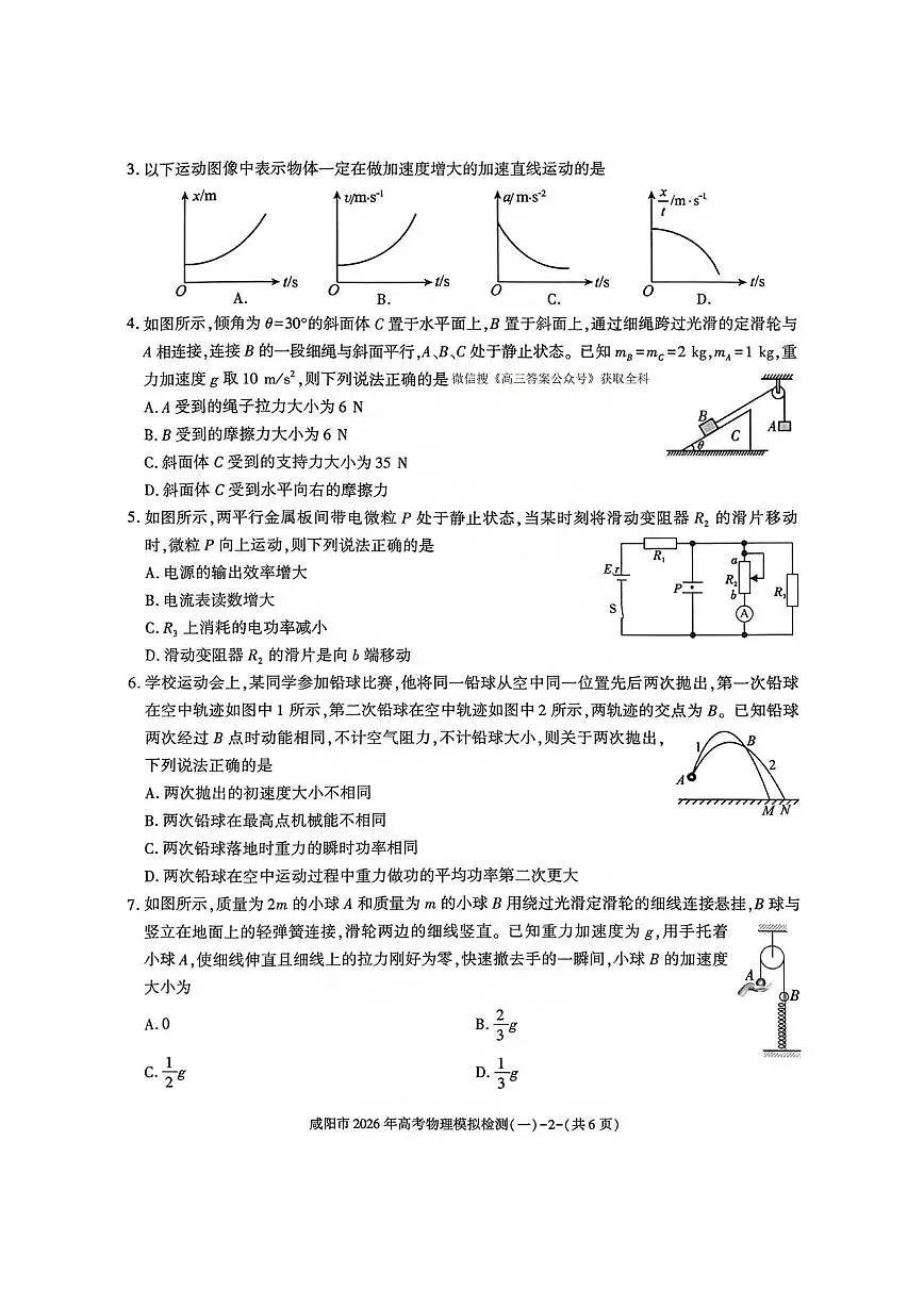 物理丨陕西省咸阳市2026届高三上学期1月高考模拟检测（一）（咸阳一模）试卷及答案第2页