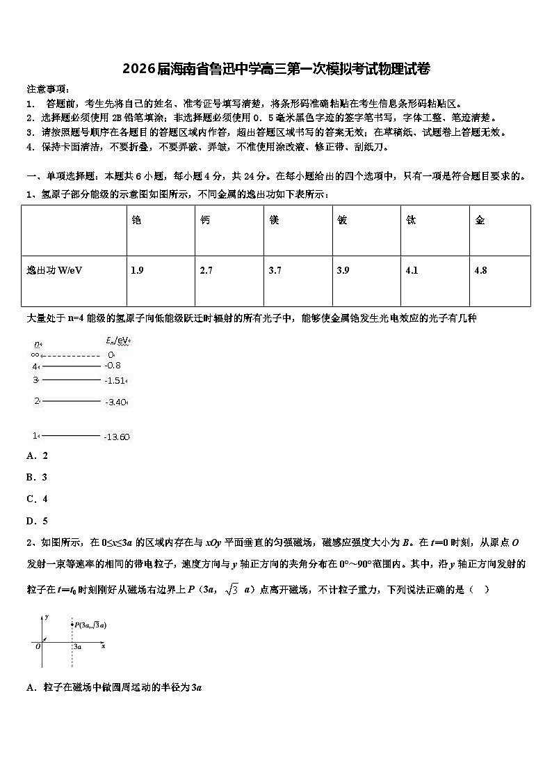 2026届海南省鲁迅中学高三第一次模拟考试物理试卷含解析第1页