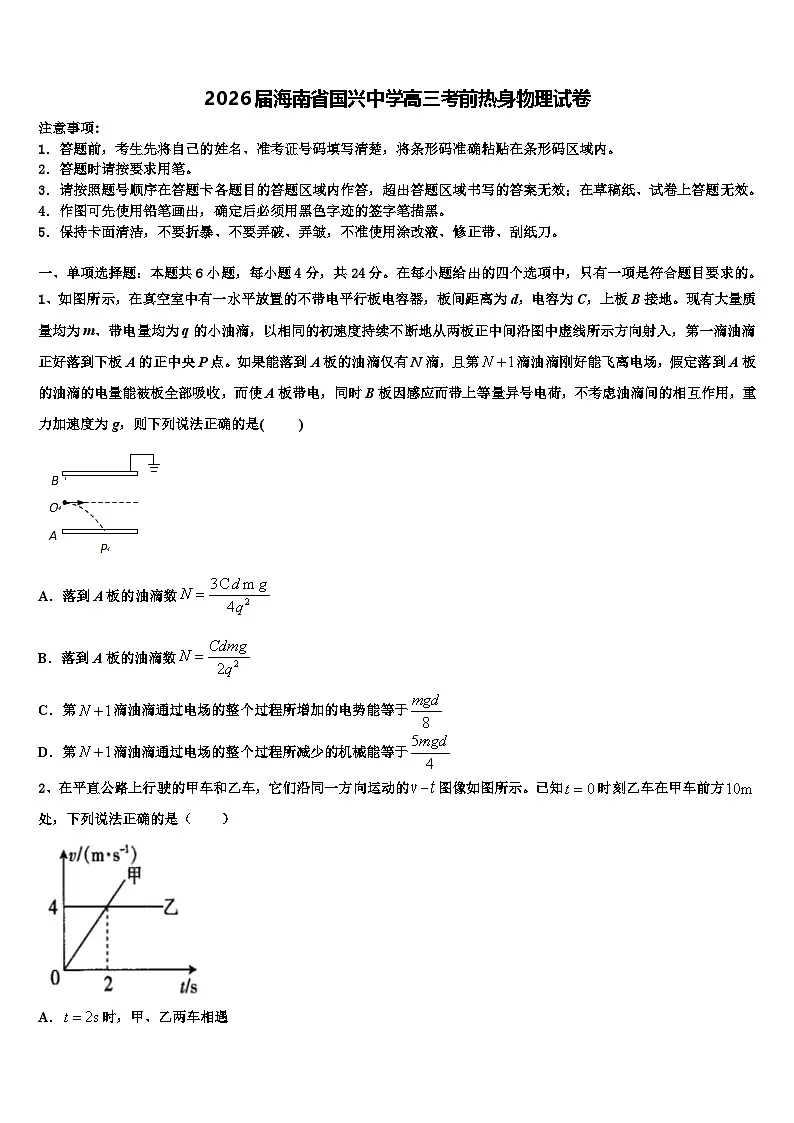 2026届海南省国兴中学高三考前热身物理试卷含解析第1页