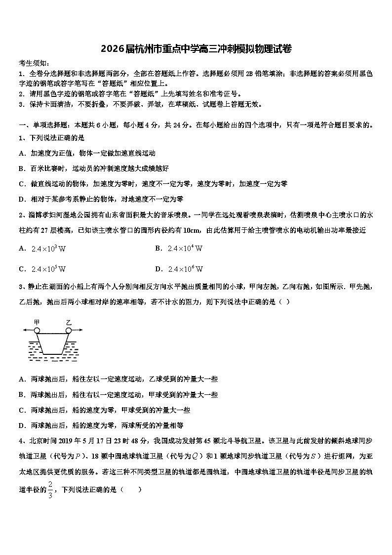 2026届杭州市重点中学高三冲刺模拟物理试卷含解析2第1页