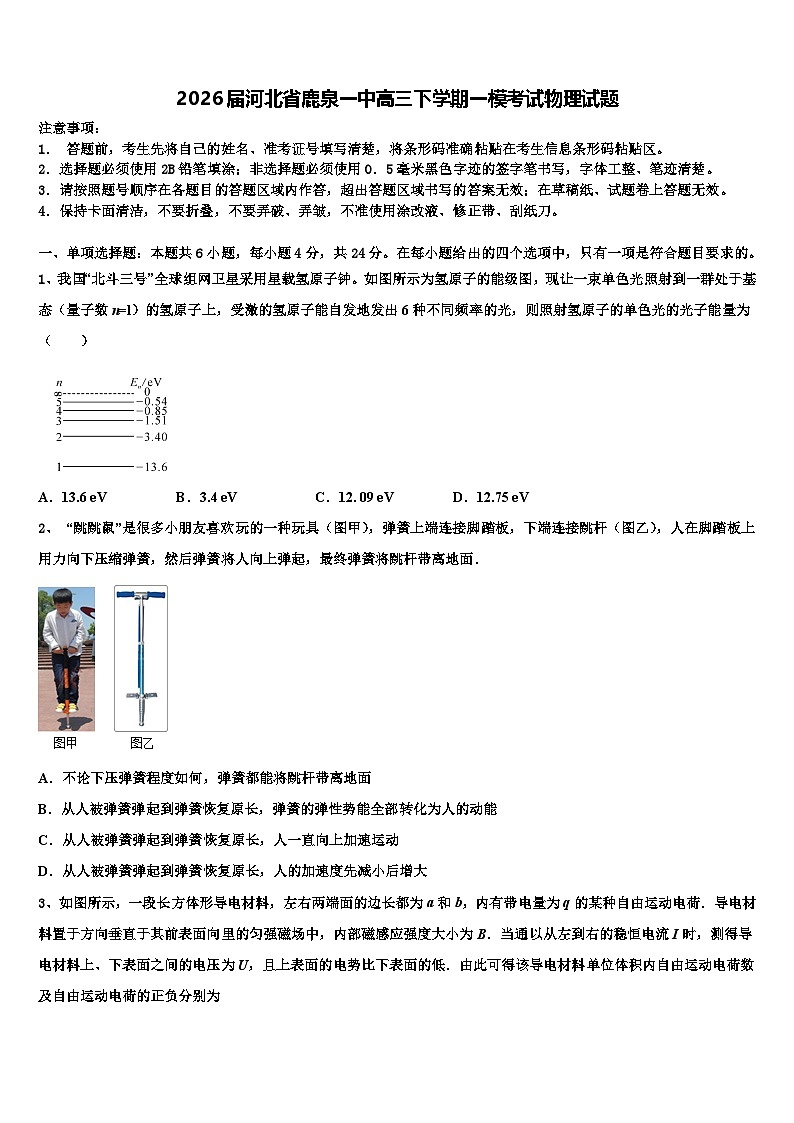 2026届河北省鹿泉一中高三下学期一模考试物理试题含解析第1页