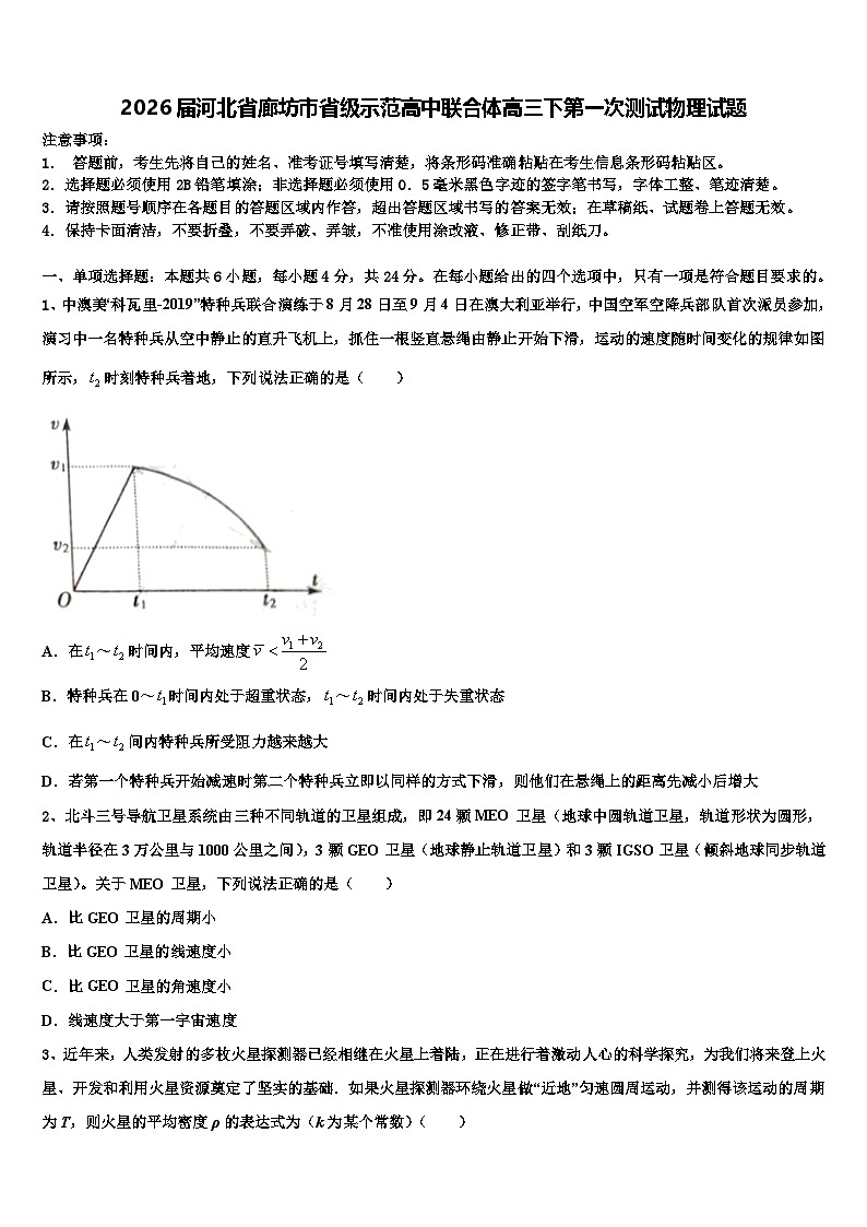 2026届河北省廊坊市省级示范高中联合体高三下第一次测试物理试题含解析第1页