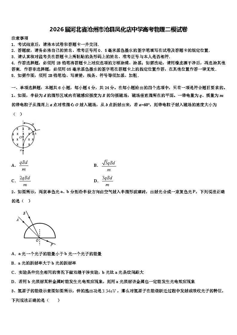 2026届河北省沧州市沧县凤化店中学高考物理二模试卷含解析第1页