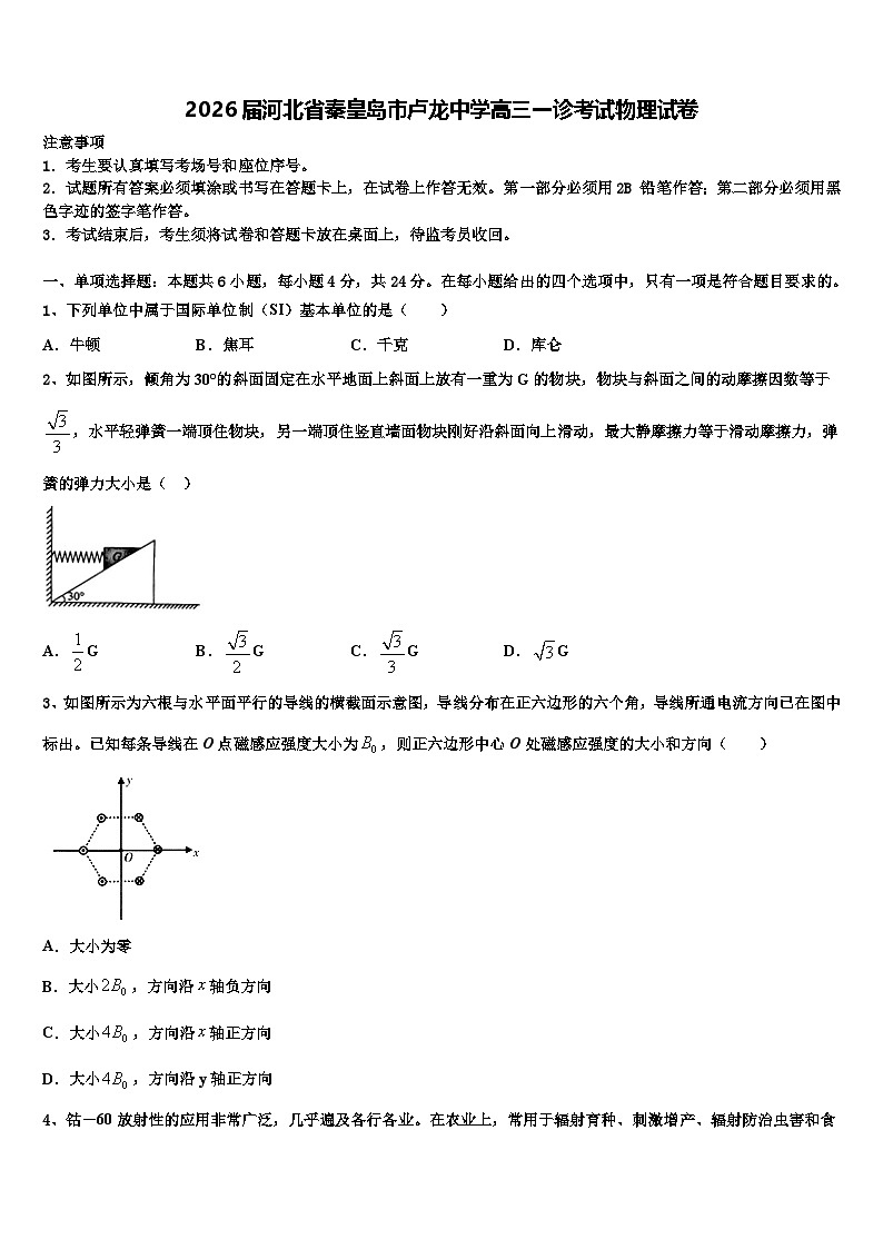 2026届河北省秦皇岛市卢龙中学高三一诊考试物理试卷含解析第1页