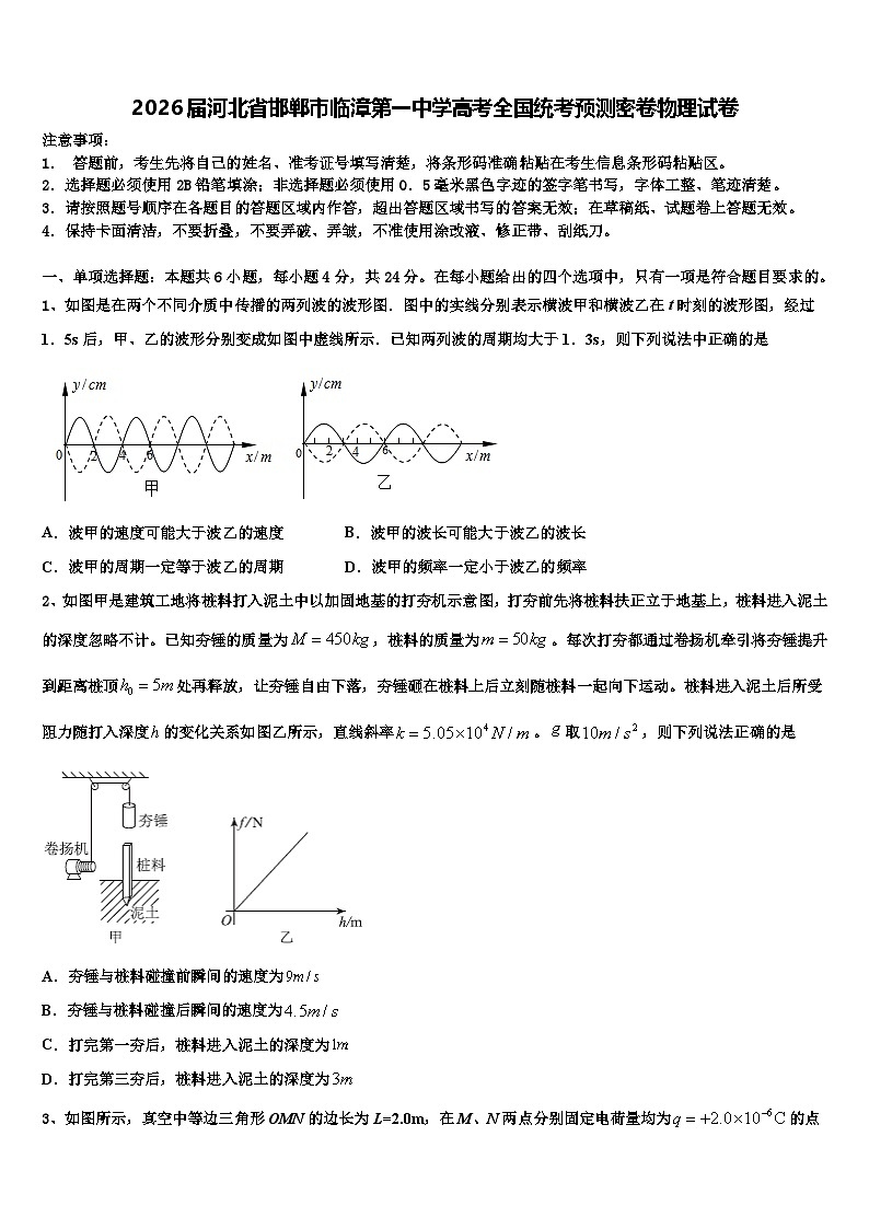 2026届河北省邯郸市临漳第一中学高考全国统考预测密卷物理试卷含解析第1页