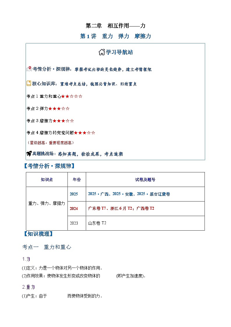 2026年高考物理一轮复习·知识清单(新高考通用)第1讲　重力　弹力　摩擦力(学生版+解析)第1页