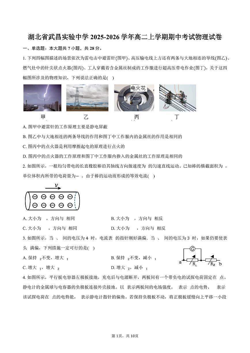 湖北省武昌实验中学2025-2026学年高二上学期期中考试物理试卷（含答案）第1页