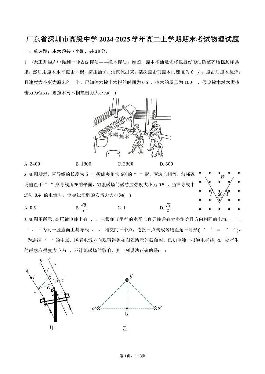 广东省深圳市高级中学2024-2025学年高二上学期期末考试物理试题（含答案）第1页