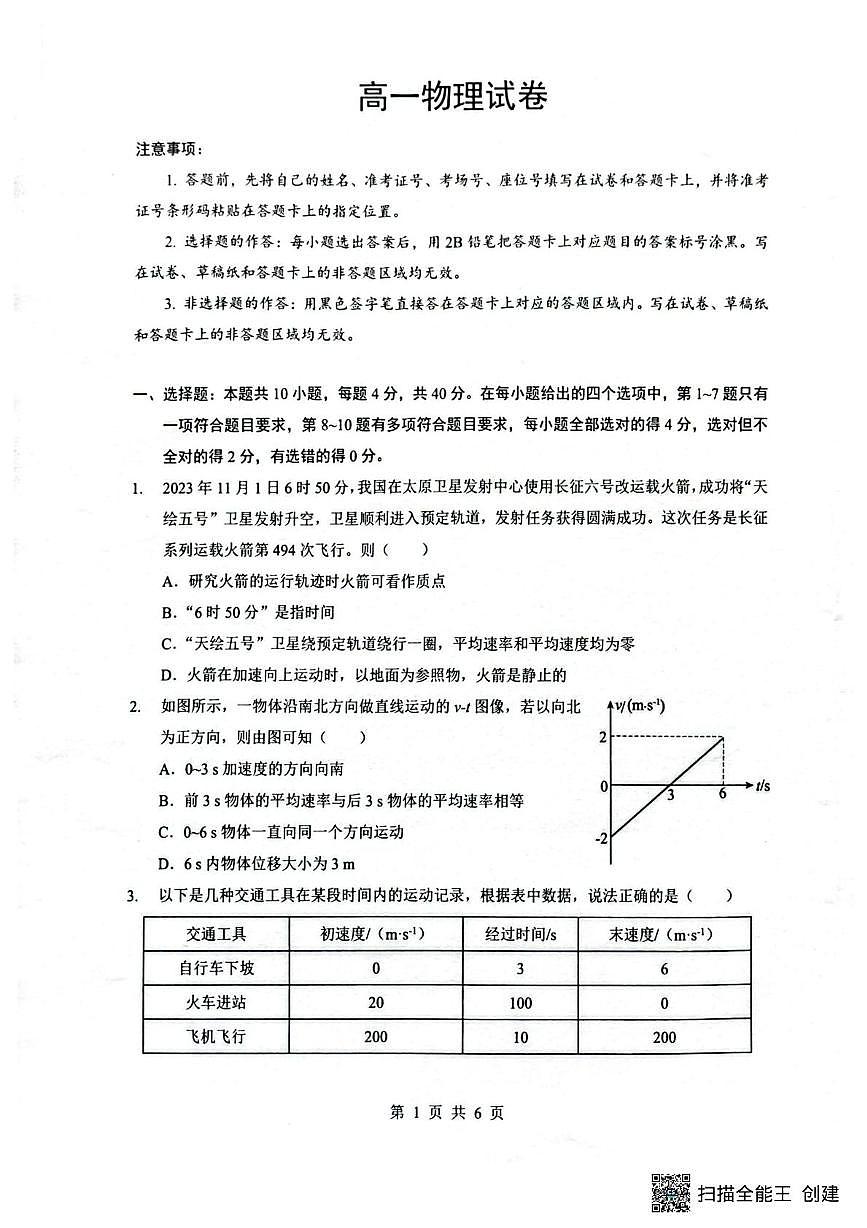 湖北楚天教科研协作体2025-2026学年高一上学期12月联考物理试题（含答案）第1页