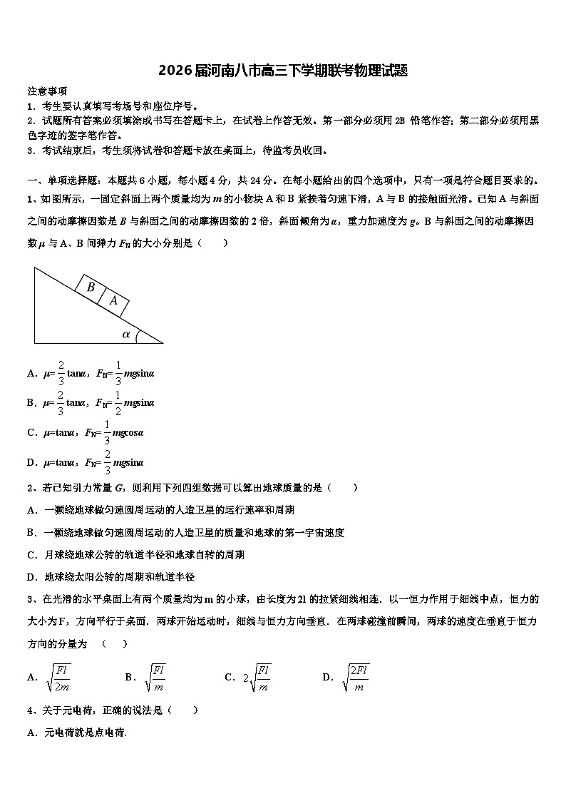 2026届河南八市高三下学期联考物理试题含解析(1)第1页