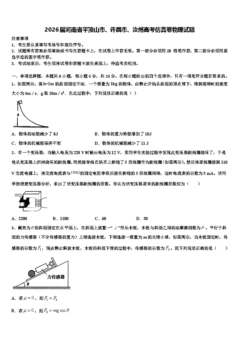 2026届河南省平顶山市、许昌市、汝州高考仿真卷物理试题含解析2第1页
