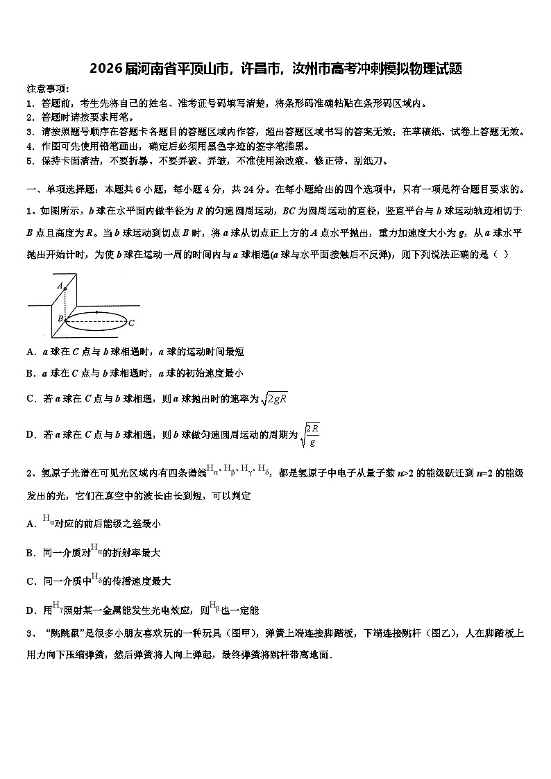 2026届河南省平顶山市，许昌市，汝州市高考冲刺模拟物理试题含解析第1页