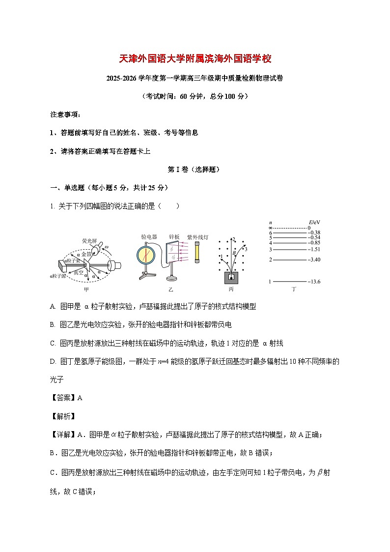 天津市天津外国语大学附属滨海外国语学校2025_2026学年高三上学期期中考试物理试题【附解析】第1页