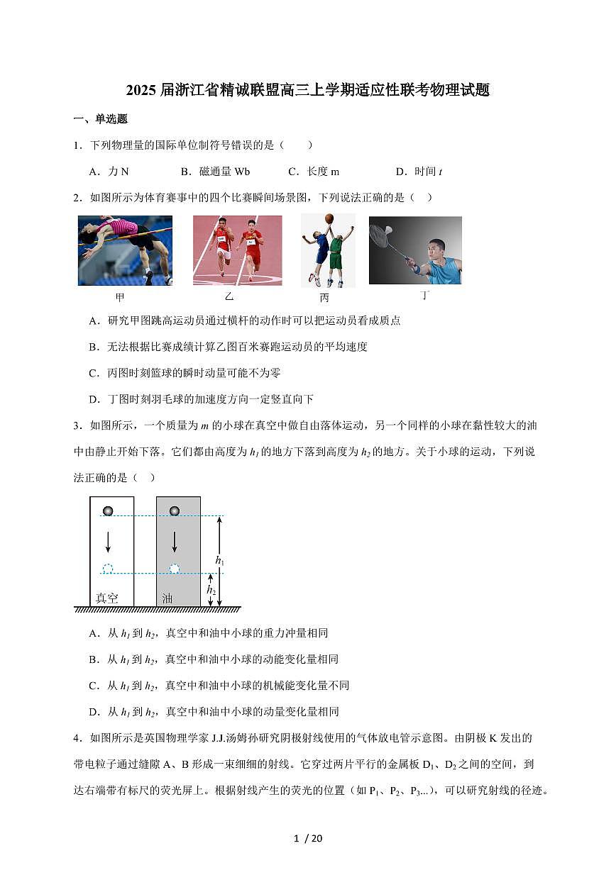 浙江省精诚联盟2025届高三上册12月适应性联考物理试题（含答案）第1页