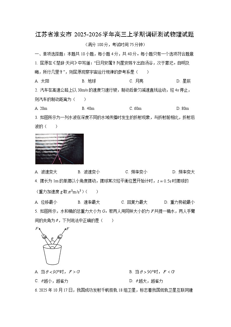 2025-2026学年江苏省淮安市高三上学期调研测试物理试卷（学生版）第1页