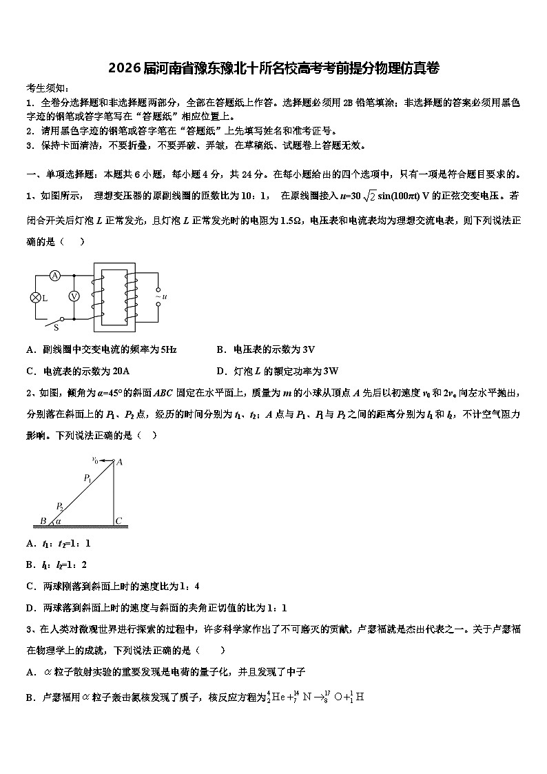 2026届河南省豫东豫北十所名校高考考前提分物理仿真卷含解析第1页