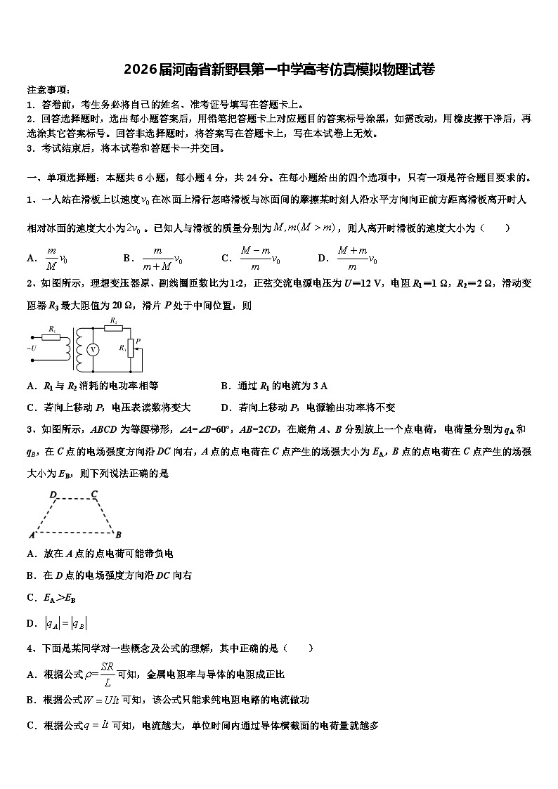 2026届河南省新野县第一中学高考仿真模拟物理试卷含解析第1页