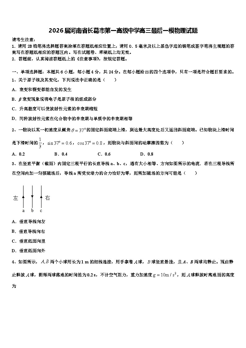 2026届河南省长葛市第一高级中学高三最后一模物理试题含解析第1页