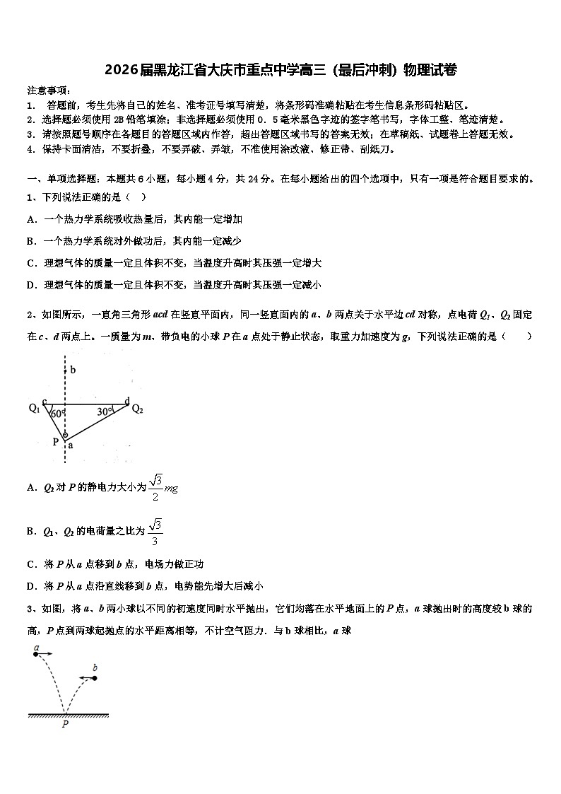 2026届黑龙江省大庆市重点中学高三（最后冲刺）物理试卷含解析第1页