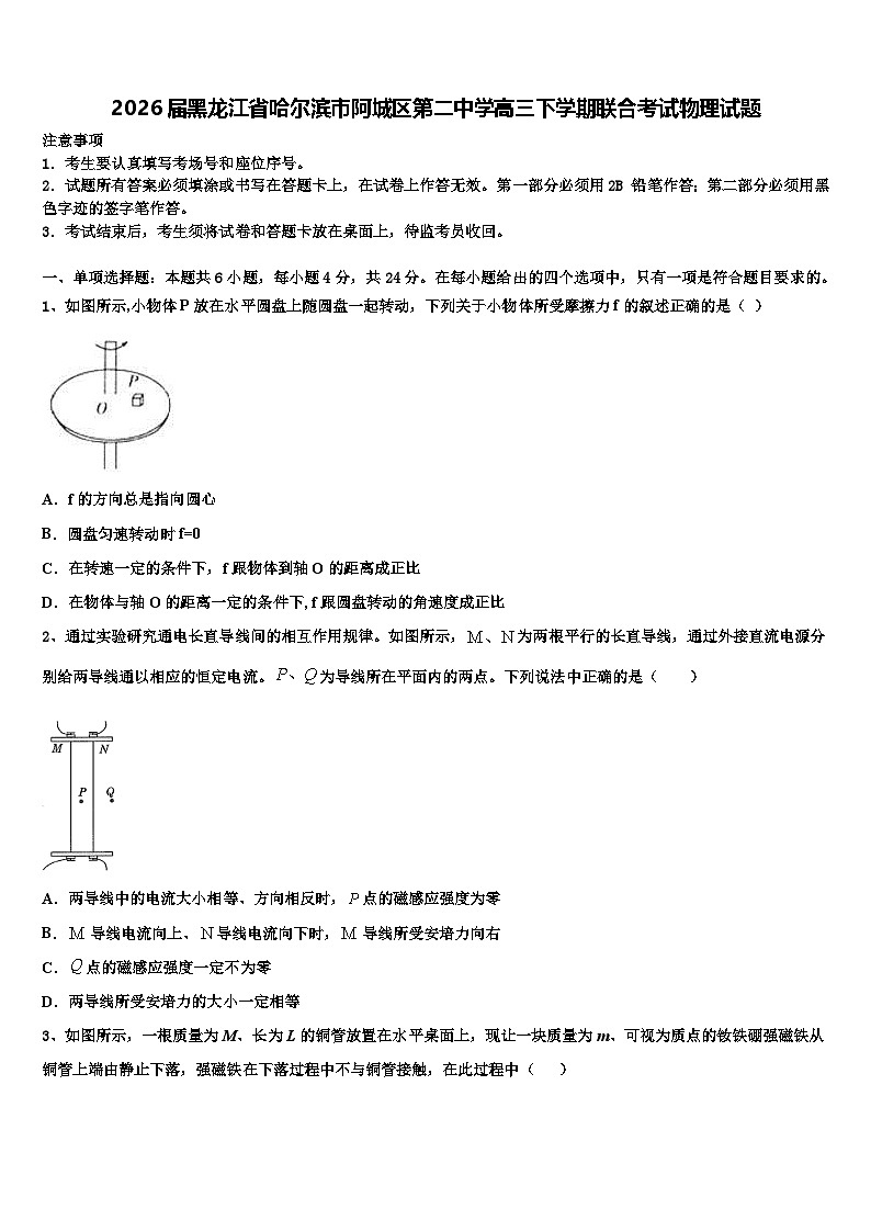 2026届黑龙江省哈尔滨市阿城区第二中学高三下学期联合考试物理试题含解析第1页