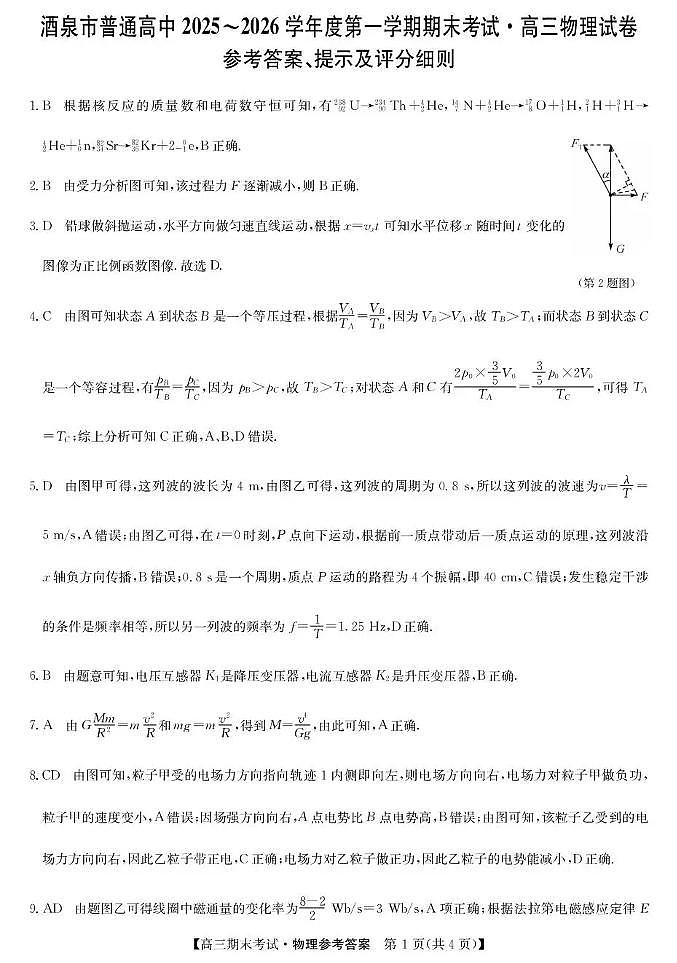 酒泉市普通高中2025~2026学年度第一学期期末考试物理答案第1页